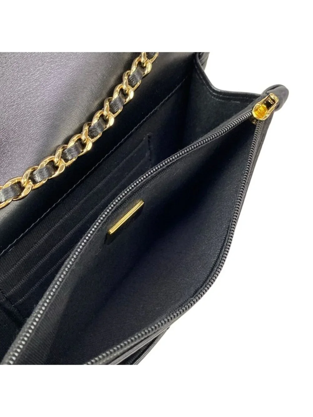 Chanel Wallet Quilted Black Chain Gold Coin Charm Braided Metal Lambskin